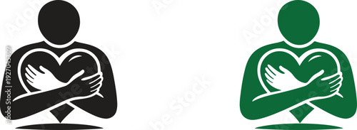 Self Love and Self Care Concept Human Hugging Heart Vector Silhouette Mental Health Wellness Symbol