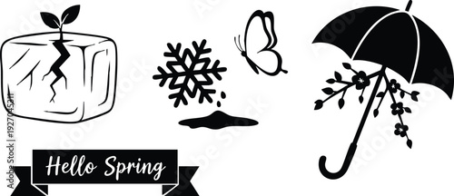 Minimalist black umbrella with flowers and butterfly near cracked earth and snowflake with hello spring ribbon banner vector art design