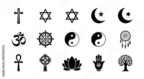 Collection of Religious and Spiritual Symbols from Various Cultures and Faiths.