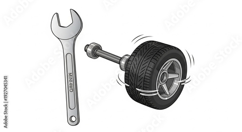 Wrench and spinning wheel, tools for mechanical repair and maintenance, automotive parts.
