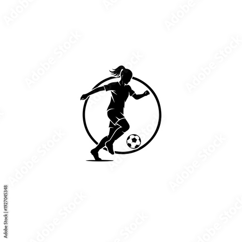 "A high-contrast, minimalist black and white ink splatter silhouette of a female soccer player in a dynamic mid-air kicking pose. Expressive brushstrokes, paint drips, and motion lines to suggest spee