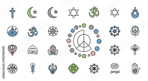 Collection of diverse religious symbols from various faiths and cultures worldwide.