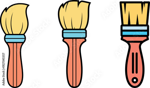 Three cartoon paint brushes with yellow bristles and coral handles also transparent background paintbrush
