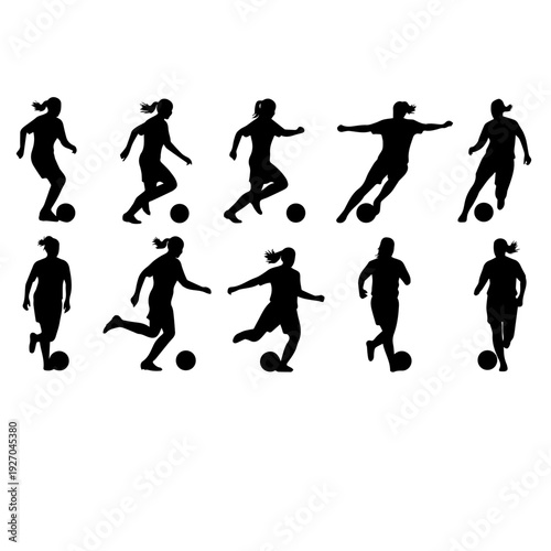 "A comprehensive set of minimalist black vector silhouettes featuring female soccer players in various dynamic action poses, including running, dribbling, and controlling a ball, presented in a clean 