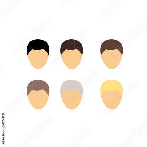 Set of six stylized male head silhouettes in minimalist vector style, featuring different hair colors including black, dark brown, medium brown, light brown, gray, and blonde.