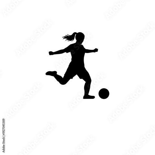 "A high-contrast, minimalist black and white ink splatter silhouette of a female soccer player in a dynamic mid-air kicking pose. Expressive brushstrokes, paint drips, and motion lines to suggest spee