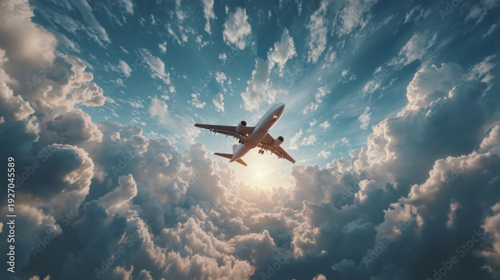 Naklejka premium A plane flying through the sky above the clouds