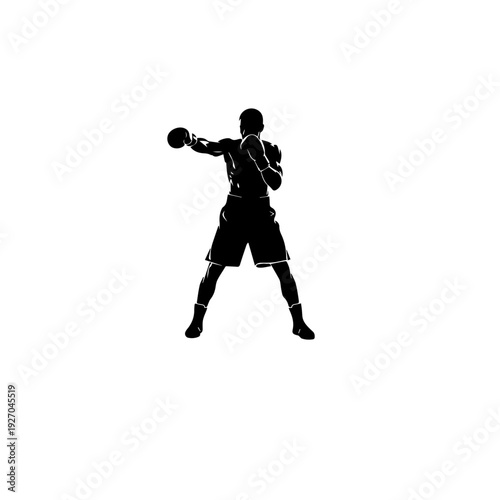 A minimalist vector silhouette of a boxer throwing a jab, solid black color, high contrast, clean sharp edges, isolated on a white background, flat design, professional sports logo style.