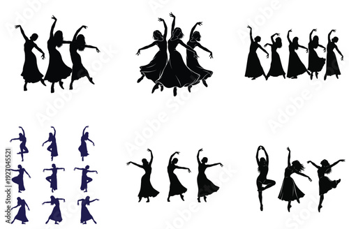Female dancer silhouette collection. Includes ballet, contemporary, and traditional dance poses. Created in solid black and dark blue styles.