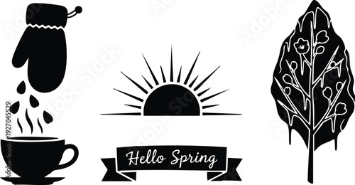 Minimalist black silhouette vector art of mitten dropping something into steaming cup with rising sun and hello spring banner accompanied by leaf with floral details