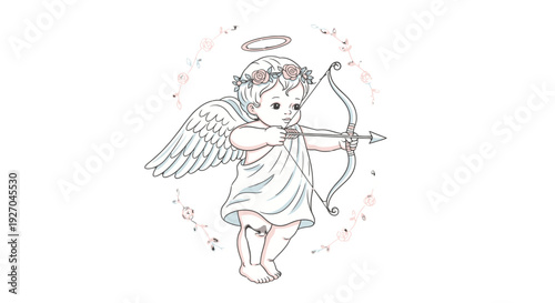 Illustration of a cherub angel with bow and arrow.