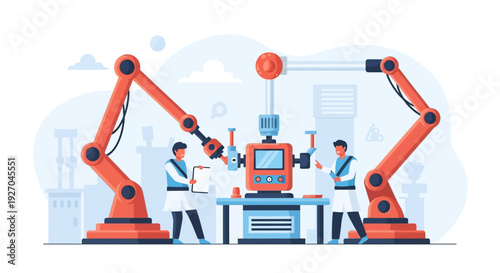 Robotic Arms Assembling Advanced Technology With Scientists.