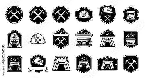 Collection of mining-related emblems and symbols in monochrome style for design.