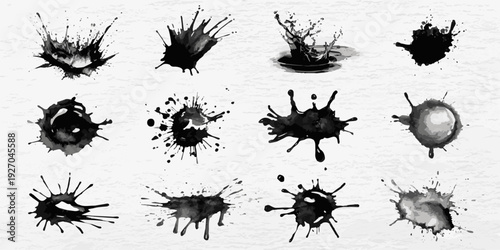 Dynamic black ink splash and splatter abstract art on white background