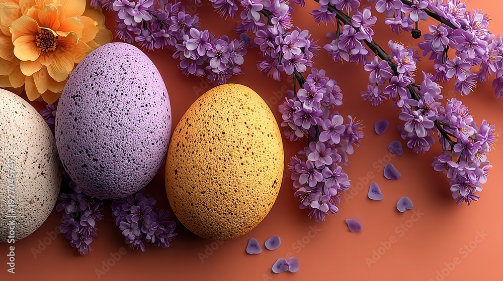 Obraz premium Three speckled eggs arranged with delicate flowers on a soft pink background, ideal for spring, Easter, or floral-themed designs.