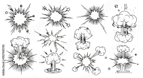 Collection of hand drawn explosion and blast effects in black and white.