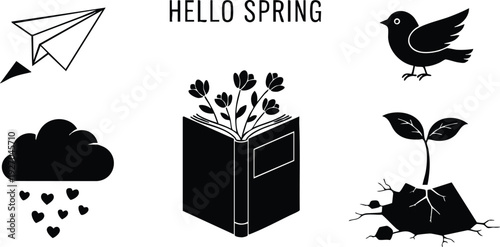 Black silhouette icons collection paper airplane cloud raining hearts book with flowers bird and sprouting plant under hello spring text vector art set
