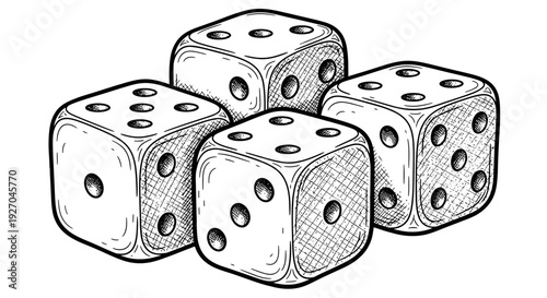 Four dice with various dot patterns on a white background.