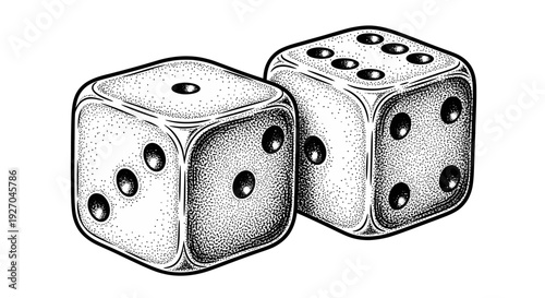 Detailed black and white illustration of two dice on a white background.