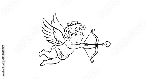 Black and white illustration of a flying cherub with bow and arrow.