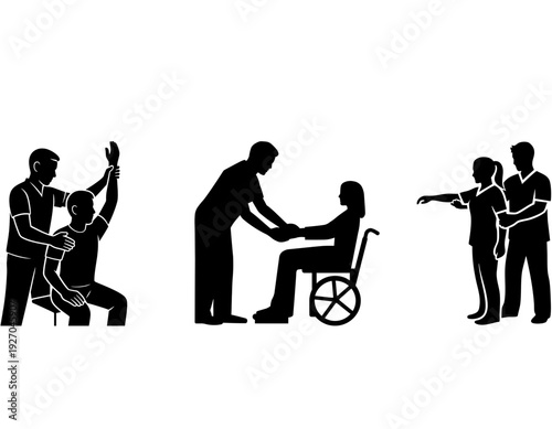 Silhouettes of healthcare professionals assisting patients with physical therapy, rehabilitation exercises, and wheelchair support, illustrating medical care and recovery.