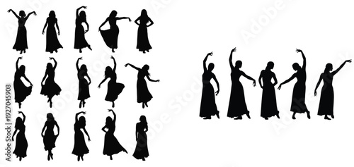 Female dancer silhouette collection. Includes women in various dance poses, traditional and modern movements. Created in solid black silhouette style.