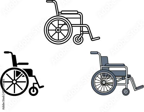 Three distinct illustrations of wheelchairs, including outline, silhouette, and colored versions, representing mobility aids for people with disabilities.