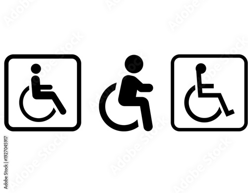 Three distinct black and white icons depicting wheelchair users, symbolizing accessibility and disability services for public spaces.