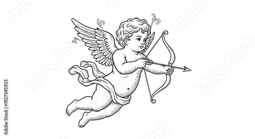 Cupid flying with bow and arrow, Valentine's Day symbol.