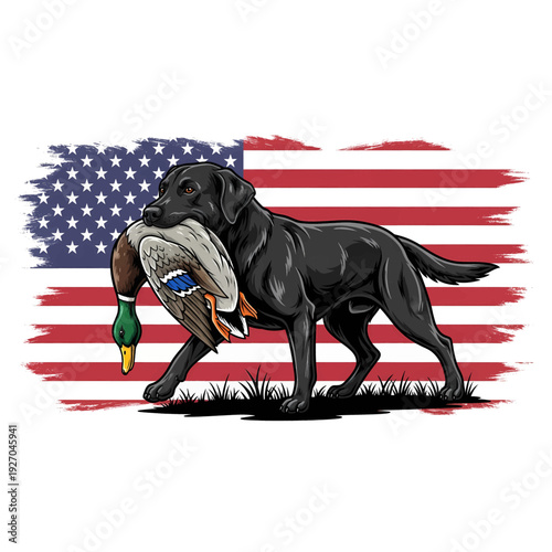 Black labrador retriever carrying a mallard duck with american flag background hunting illustration