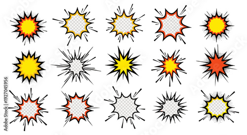 Collection of cartoon sun and explosion graphics in various colors.