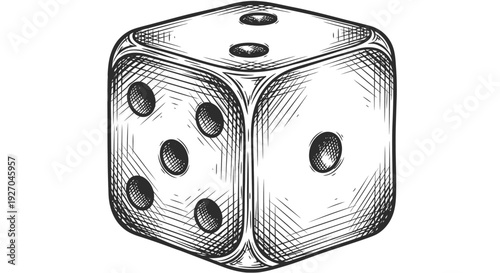 Detailed black and white illustration of a single dice showing six dots.
