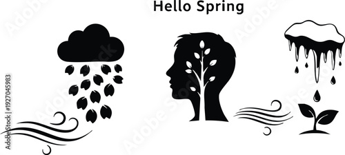 Minimalist black silhouette vector art of human head with tree inside surrounded by wind and rain elements with sprouting plant under melting snow representing spring season and new growth concept