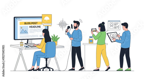 News production team working together on a project.