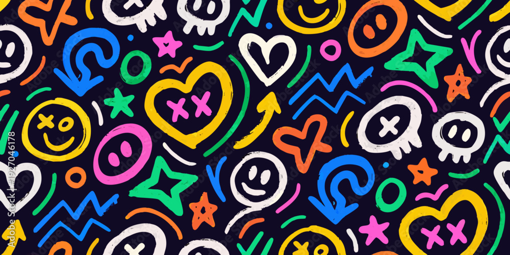 Fototapeta premium Colorful doodle pattern featuring smiling faces hearts and playful symbols
