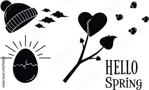 Minimalist black and white vector art cracked egg with rays knit hat clouds branch with heart leaves and hello spring text simple seasonal design