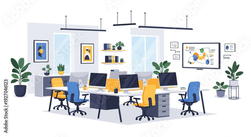 Modern Office Interior with Desks and Chairs.