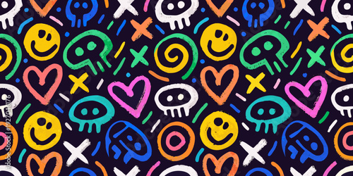 Colorful doodle pattern featuring smiley faces hearts and skull motifs