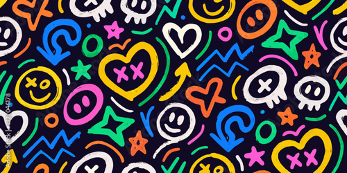 Colorful doodle pattern featuring smiling faces hearts and playful symbols