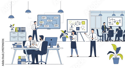 Office workers collaborating and brainstorming ideas in a modern workspace.