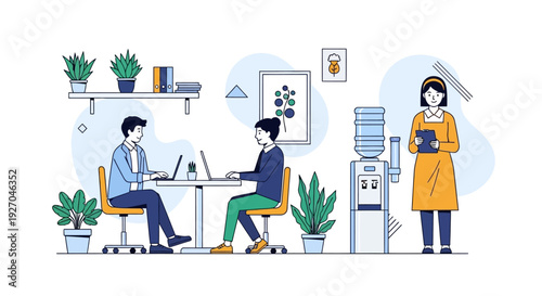 Office workers collaborating and interacting in a modern workspace.