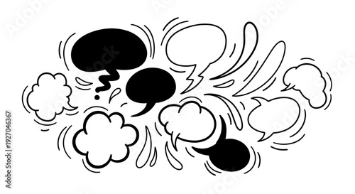 Collection of various speech bubbles and thought clouds in black and white.