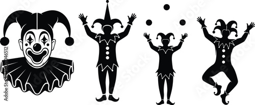 Vector silhouette of circus clown and jester collection, carnival performer icons, juggling, entertainment, comedy, theater, masquerade