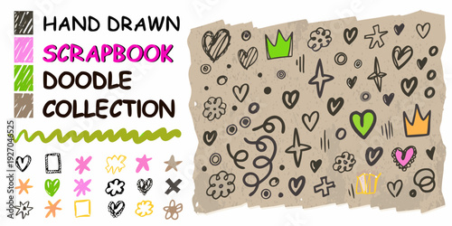 Colorful hand drawn scrapbook doodles and elements on a kraft paper background