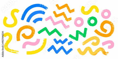 Colorful abstract shapes and lines arranged in a playful composition