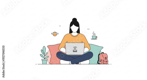 Woman sitting cross legged on floor with laptop pillows plant and backpack enjoying remote work or study at home with coffee and tea nearby