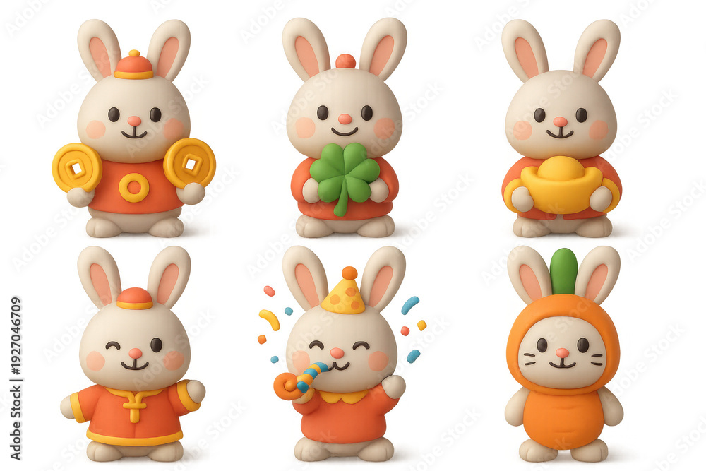Naklejka premium Cute cartoon bunnies celebrating with lucky charms and festive elements