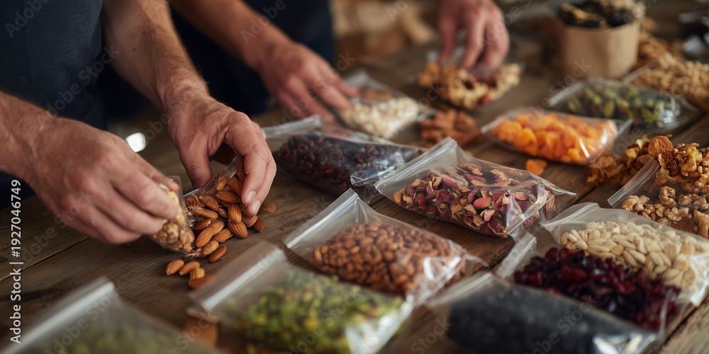 Obraz premium People sorting various nuts and dried fruits on a wooden table in a market