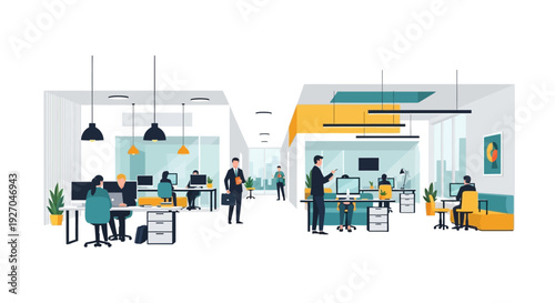 Modern Office Interior with People Working and Collaborating.