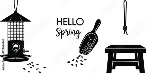 Black silhouette vector art of bird feeder with hanging rope and scattered seeds scoop with hello spring text and wooden bench illustration simple garden elements